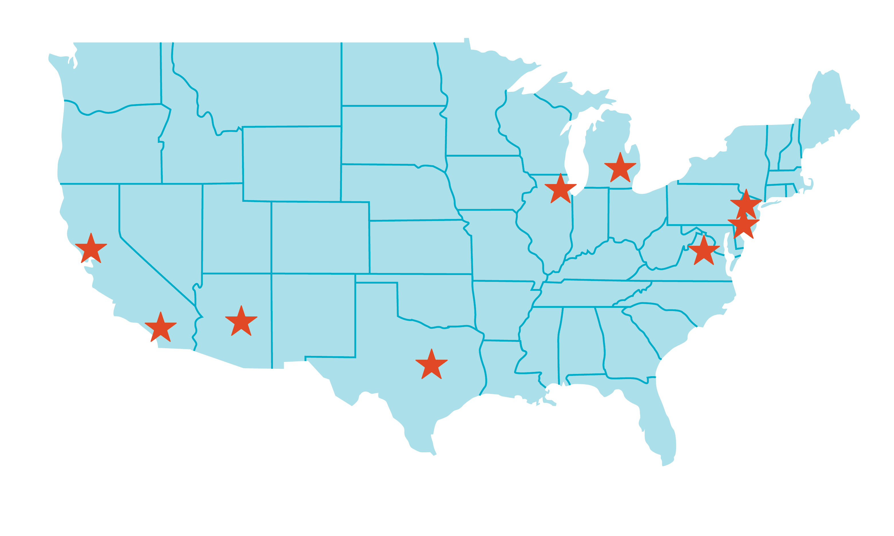 Map with stars on california, arizona, texas, illinois, michigan, virginia, new jersey, connecticut