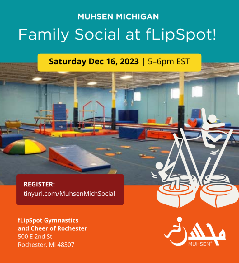 Text reads MUHSEN Michigan family social at flipspot! saturday december 16 2023 5-6pm. flipspot gymnastics and cheer or rochester.
